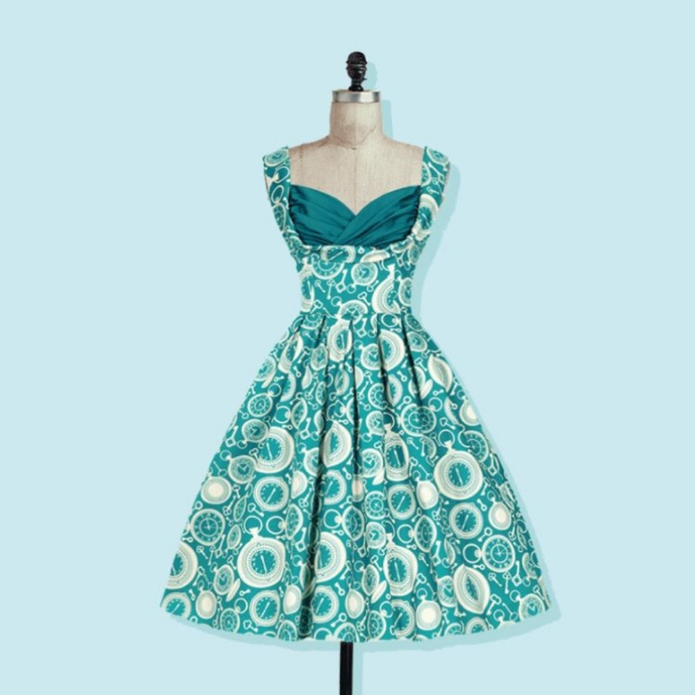 Lady V London Teal Clocks Madison Tea Dress UK size 12 / US size 8